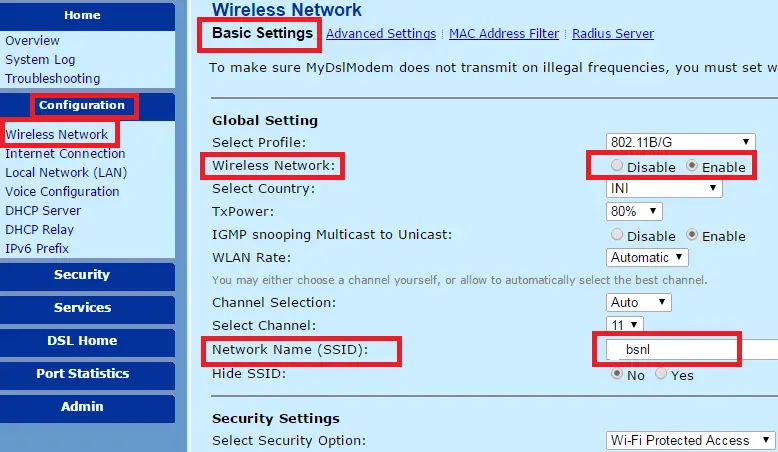 BSNL Wireless Network Settings