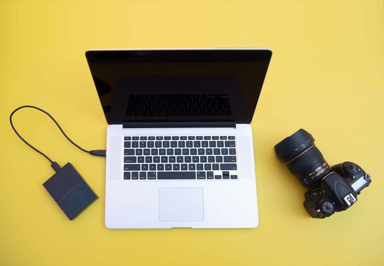 Computer, phone and external hard drive