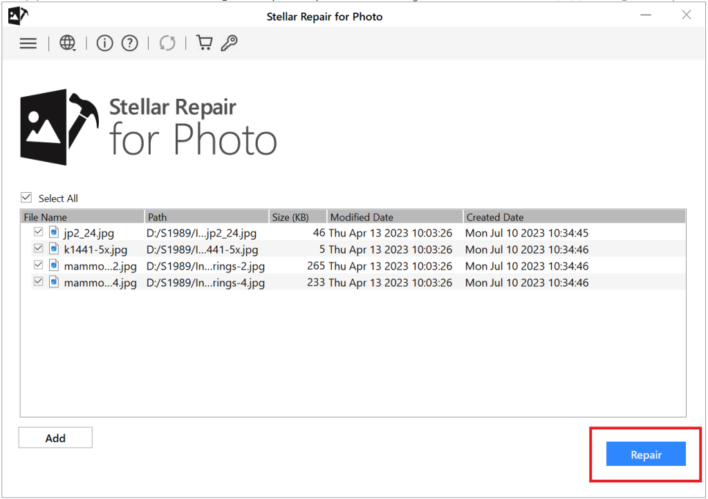 Stellar Repair for Photo repair button